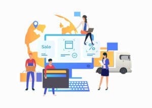 Team of online store working with customer. Buying, marketing, consulting, delivery. Online shop concept. Vector illustration can be used for topics like sale, shopping, purchasing Ecommerce Development Company