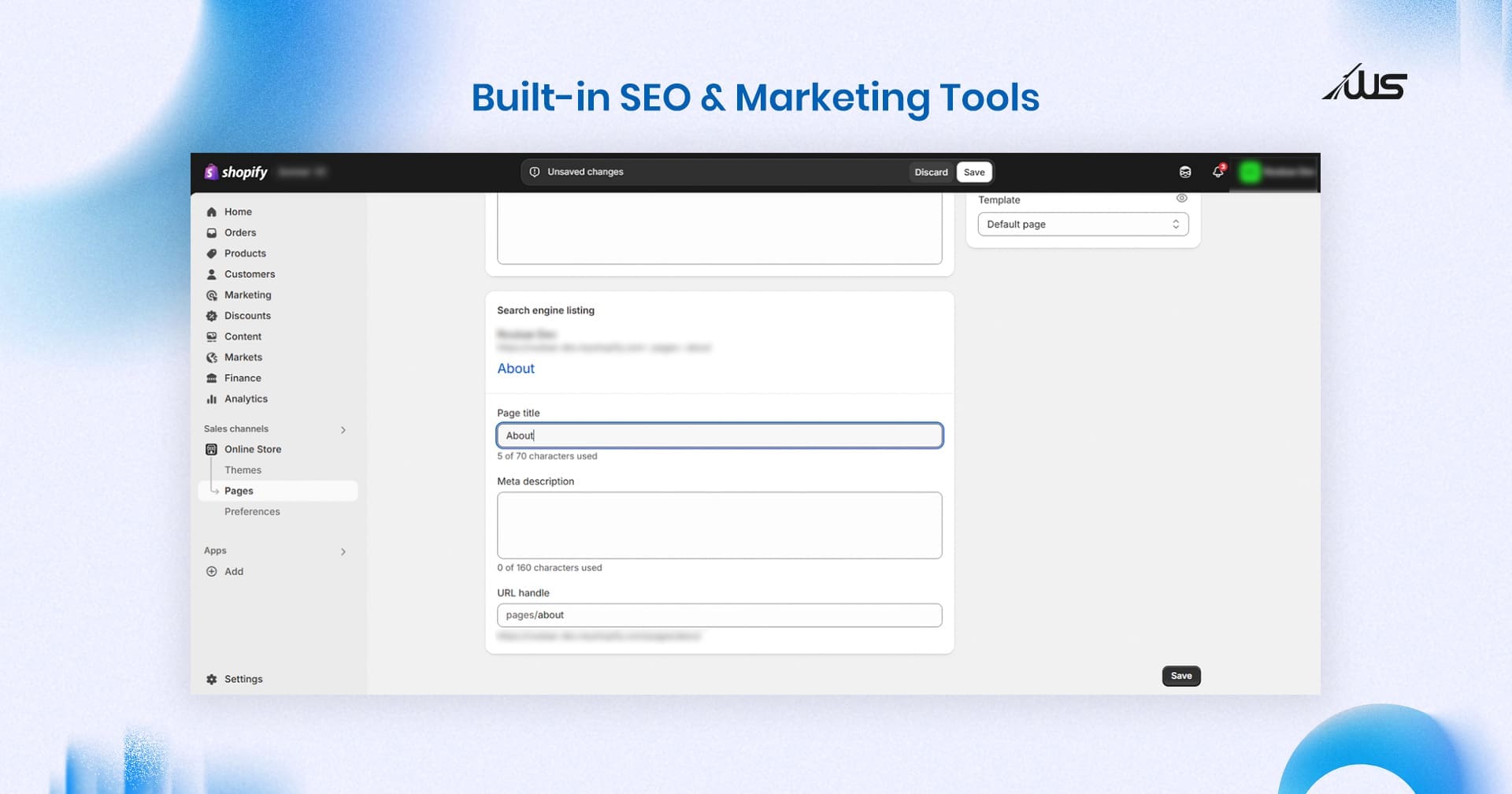 Shopify admin showing SEO settings with editable page title and meta description