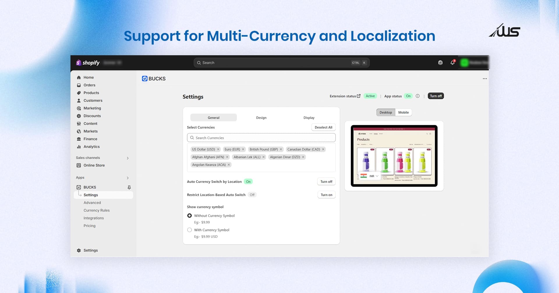 Shopify BUCKS app settings with multi-currency selection and auto-switch options.