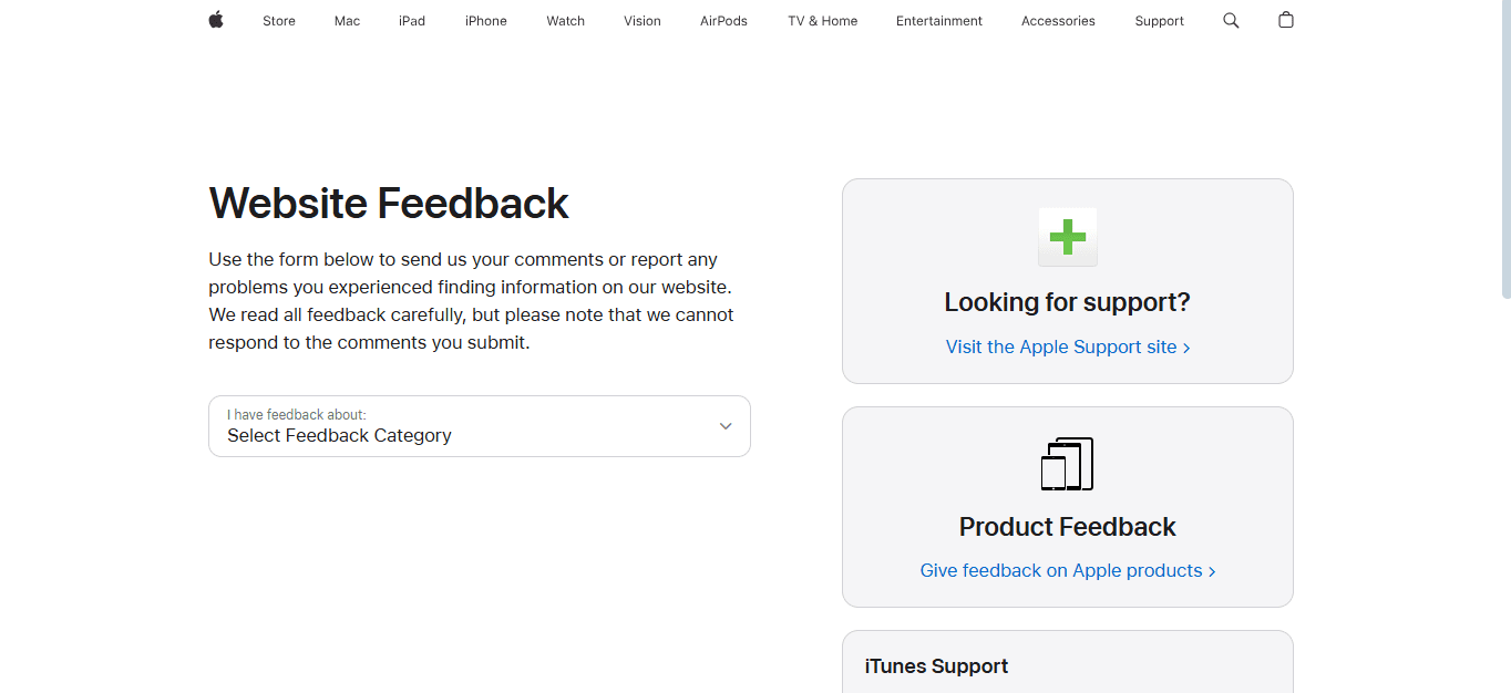 Apple website feedback page with support and product feedback options.