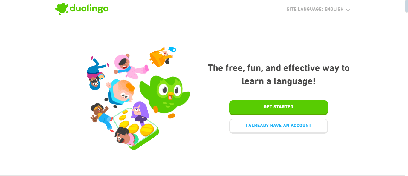 Duolingo homepage with green owl mascot, diverse cartoon characters, and buttons to get started or log in. Text reads: “The free, fun, and effective way to learn a language!
