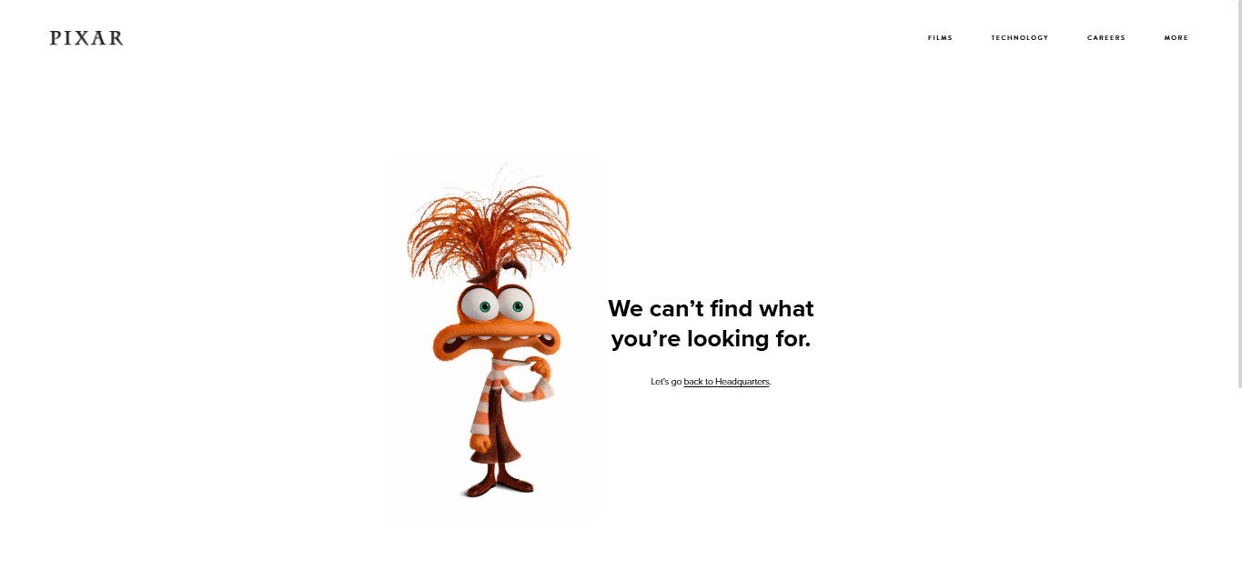 Pixar 404 error page with Fear character and a missing page message.