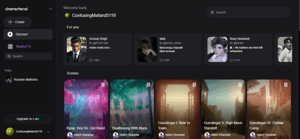 Character.AI dashboard showing user profile, character suggestions, and interactive scenes.