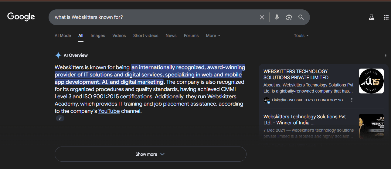 Google search result showing Webskitters known for IT solutions, app development, AI, and digital marketing