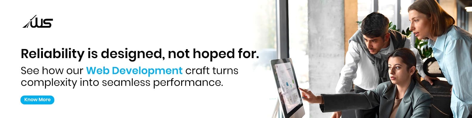 The image features a split layout: on the left, a clean white banner displays the Webskitters logo and the message “Reliability is designed, not hoped for,” along with supporting text promoting Web Development services. On the right, three colleagues—a woman seated at a desktop monitor and two standing beside her—are closely examining the screen together in a modern office setting. The team appears focused and engaged, reflecting collaboration, technical expertise, and problem-solving.