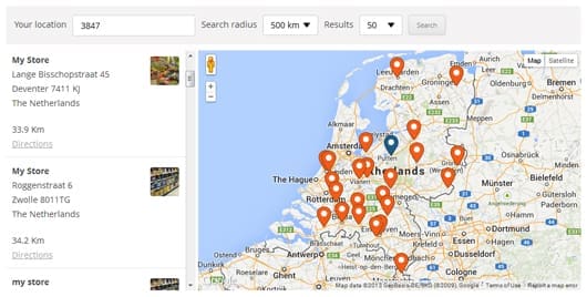Store locator map showing multiple marked locations across the Netherlands with a results list on the left.