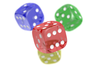 Four colorful dice stacked together on a black background.