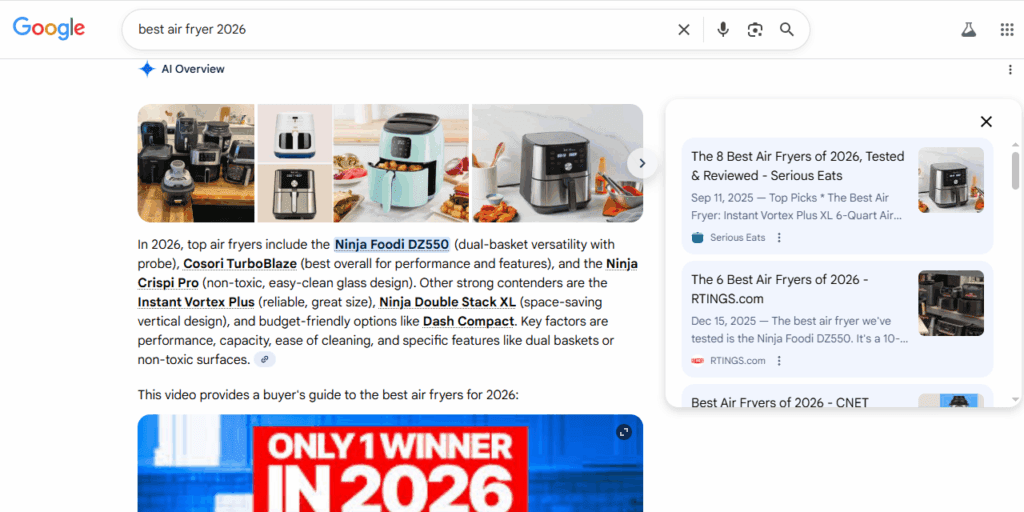 Google search results for the best air fryers of 2026, featuring top models like Ninja Foodi DZ550 and Cosori TurboBlaze.
