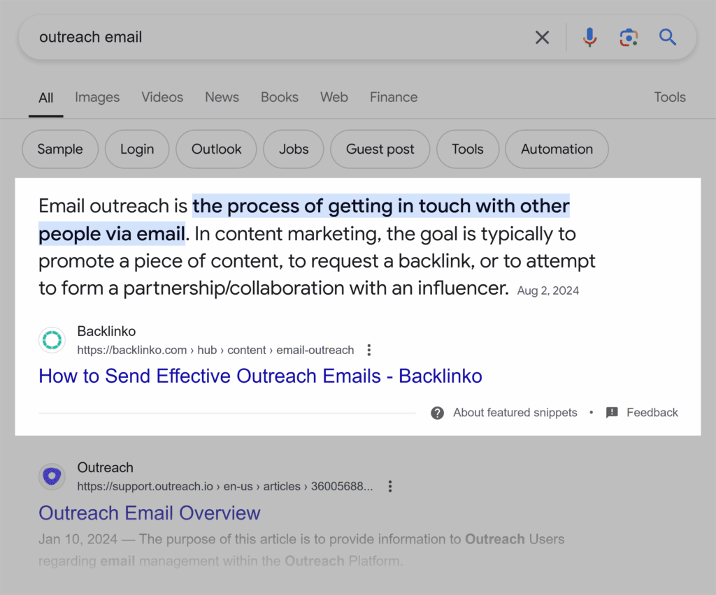 Google search results for 'outreach email' explaining the process of email outreach in content marketing.