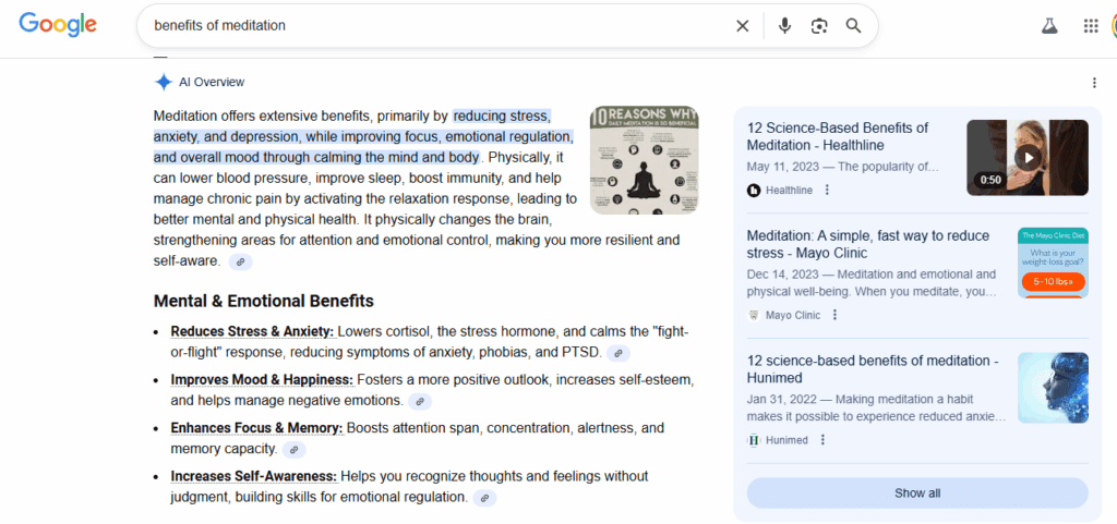 Google search results highlighting the benefits of meditation, including stress reduction, improved focus, and emotional regulation.