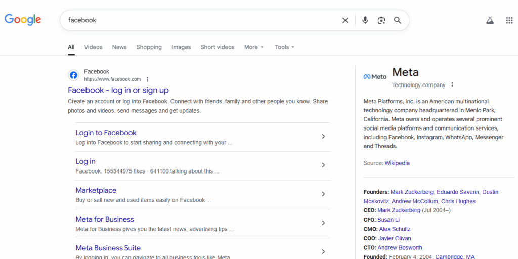 Google search results for 'Facebook', featuring links to the login page, Marketplace, and Meta.