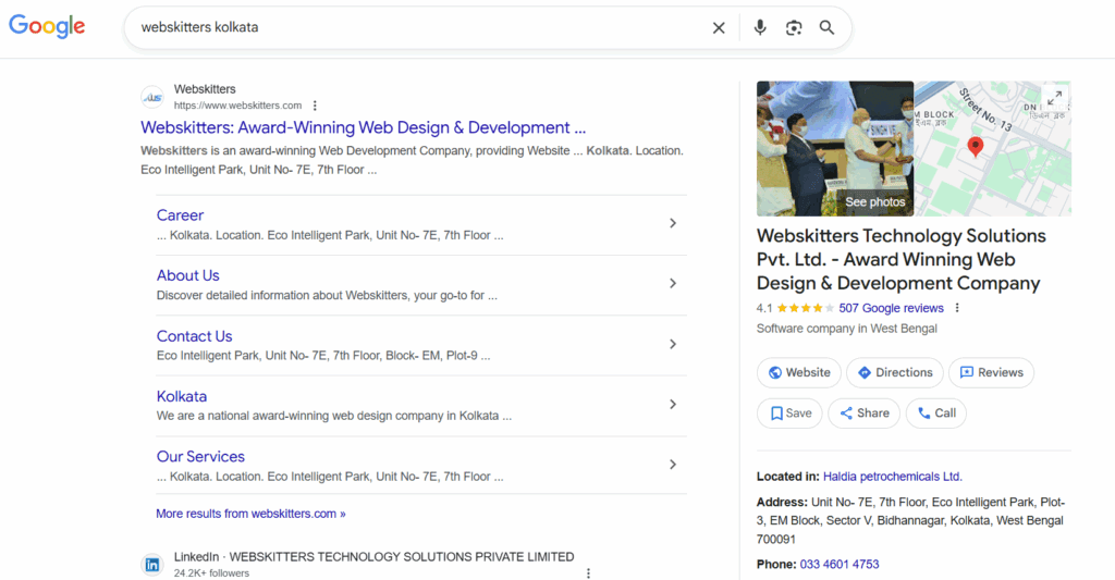 Google search results for Webskitters Kolkata, featuring their website and company information.