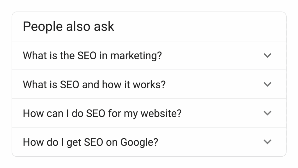 Google 'People also ask' section with common SEO-related questions like 'What is SEO?' and 'How do I get SEO on Google?