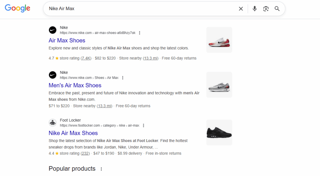 Google search results for Nike Air Max shoes, featuring options from Nike and Foot Locker.