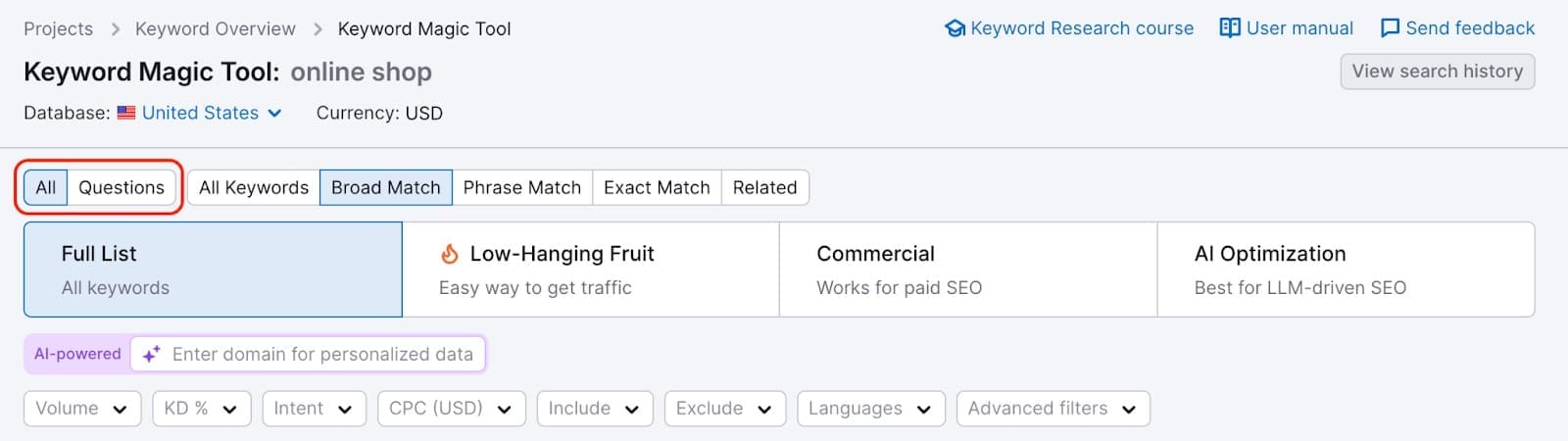 SEMRush Dashboard Finding question-based keywords using the Questions filter.
