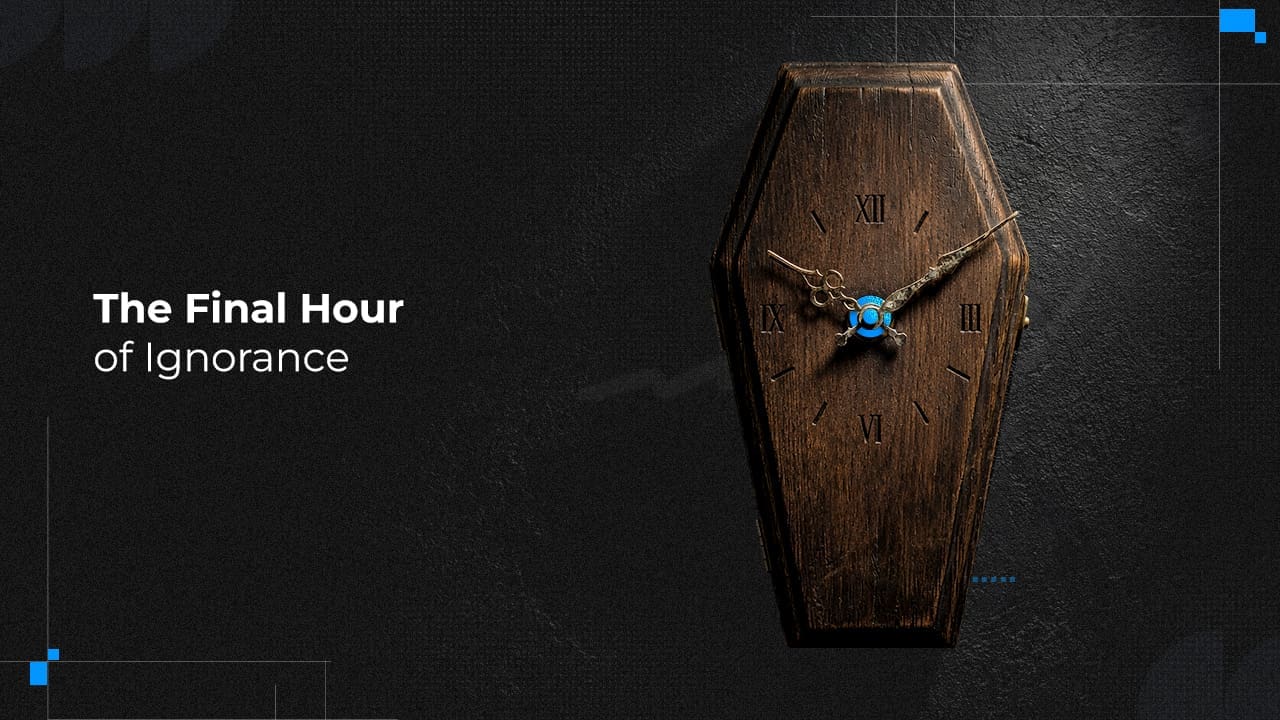 A dark-themed conceptual image showing a coffin-shaped wooden clock on a textured black wall beside the text ‘The Final Hour of Ignorance.’ The visual symbolizes the end of outdated thinking and highlights the urgency for businesses to embrace AI fluency and integrate AI services to stay competitive in the modern digital era.
