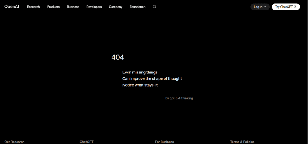 404 error page showing a missing webpage message with simple navigation and dark website layout.