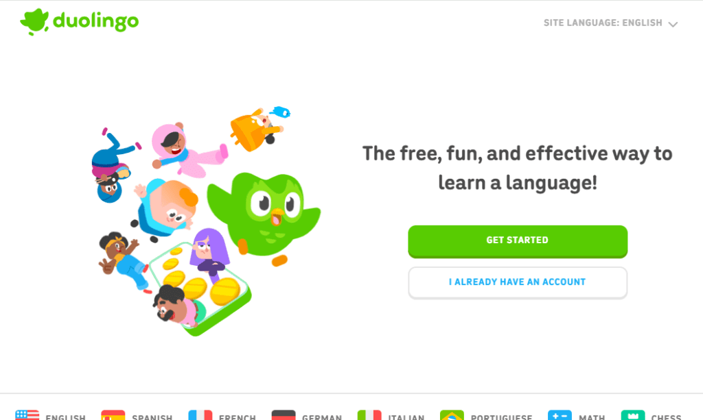 Duolingo homepage with playful characters and call-to-action to start learning languages.