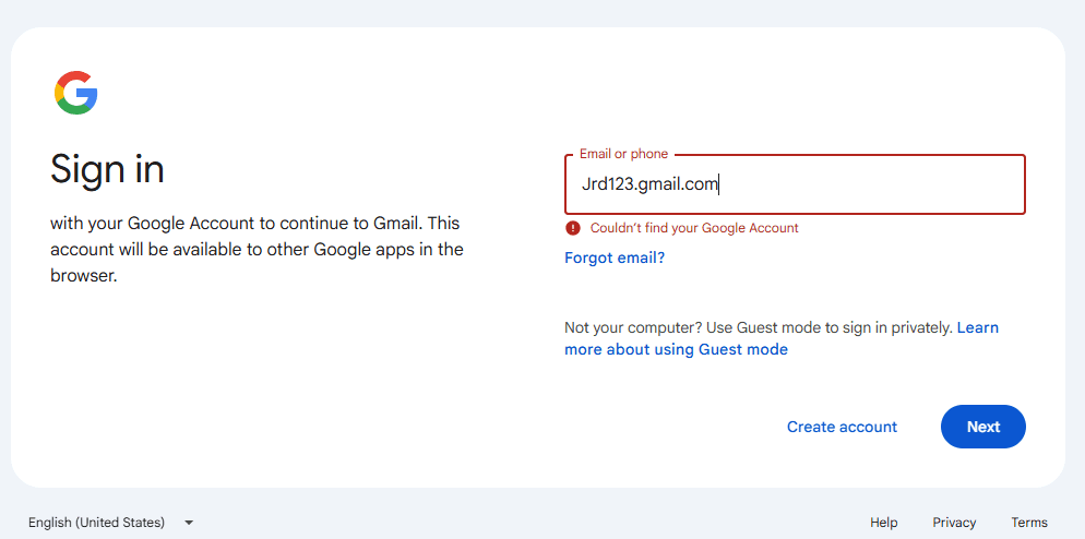 Google sign-in page showing error message for incorrect email entry.