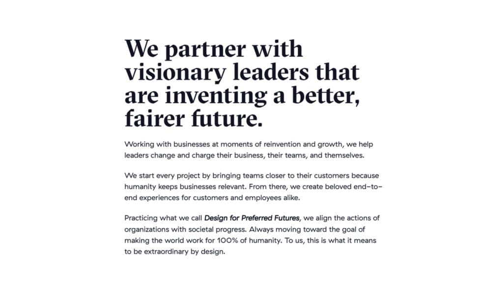 Clean website layout featuring bold typography and minimal design with a focus on brand messaging.