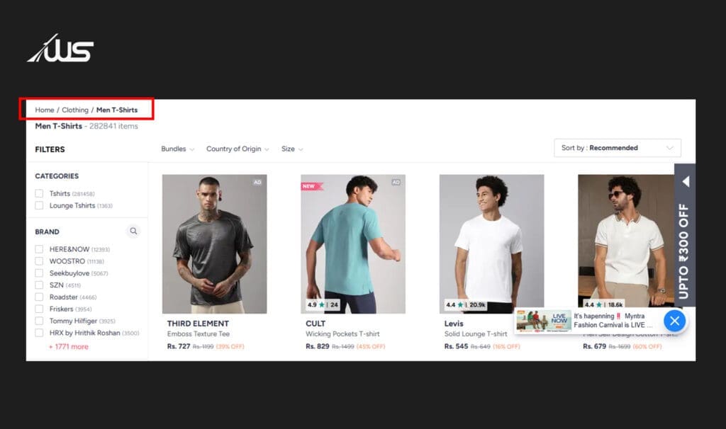 Breadcrumb navigation example showing Home, Clothing, and Men T-Shirts path on an ecommerce category page.