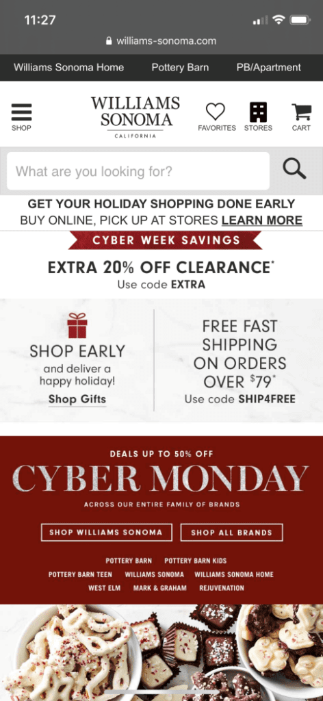 Williams Sonoma mobile homepage showcasing Cyber Monday deals and holiday shopping promotions.