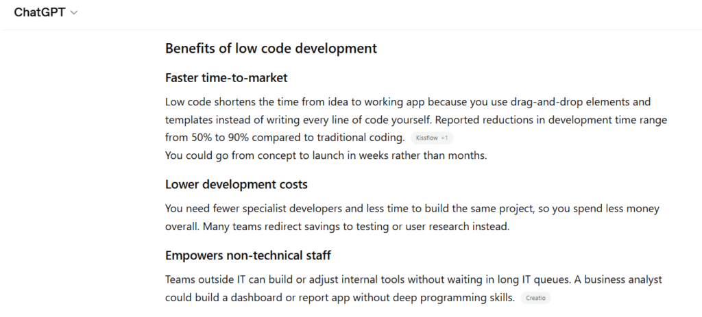 Low code development benefits including faster time-to-market, reduced costs, and empowerment of non-technical users.