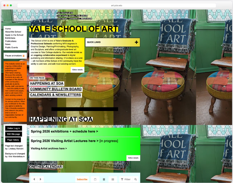 Yale School of Art website homepage with layered layout, bold typography, and overlapping content sections.
