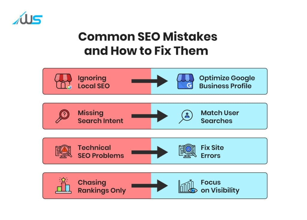 Infographic highlighting common SEO mistakes and solutions, including local SEO, search intent, technical SEO issues, and improving website visibility through optimization strategies.