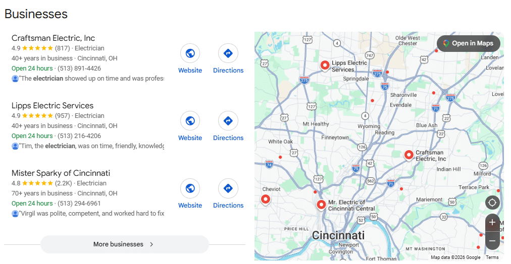 image of Google business listings for electricians in Cincinnati, Ohio, showing business names, ratings, contact details, website and directions buttons alongside a city map with marked locations.