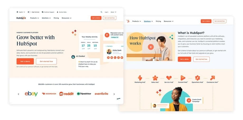 Website homepage design mockup for HubSpot, showing a clean desktop layout with a soft cream and white color palette. The hero section features the headline "Grow better with HubSpot," orange primary call-to-action buttons, user activity dashboard graphics, and a carousel of prominent client logos including eBay, DoorDash, and Reddit.